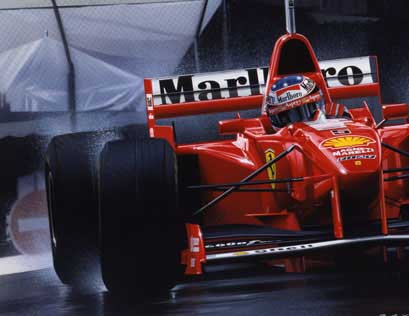 Schumacher cruises to victory for Ferrari at Monaco in the wet, with Barrichello for Stewart-Ford finishing in second. Ferraru Scuderia F310B V10.